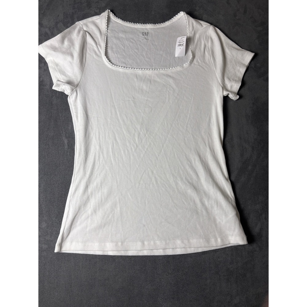 Gap Women White Ribbed Square Neck Picot Trim Short Sleeve Top NWT Large